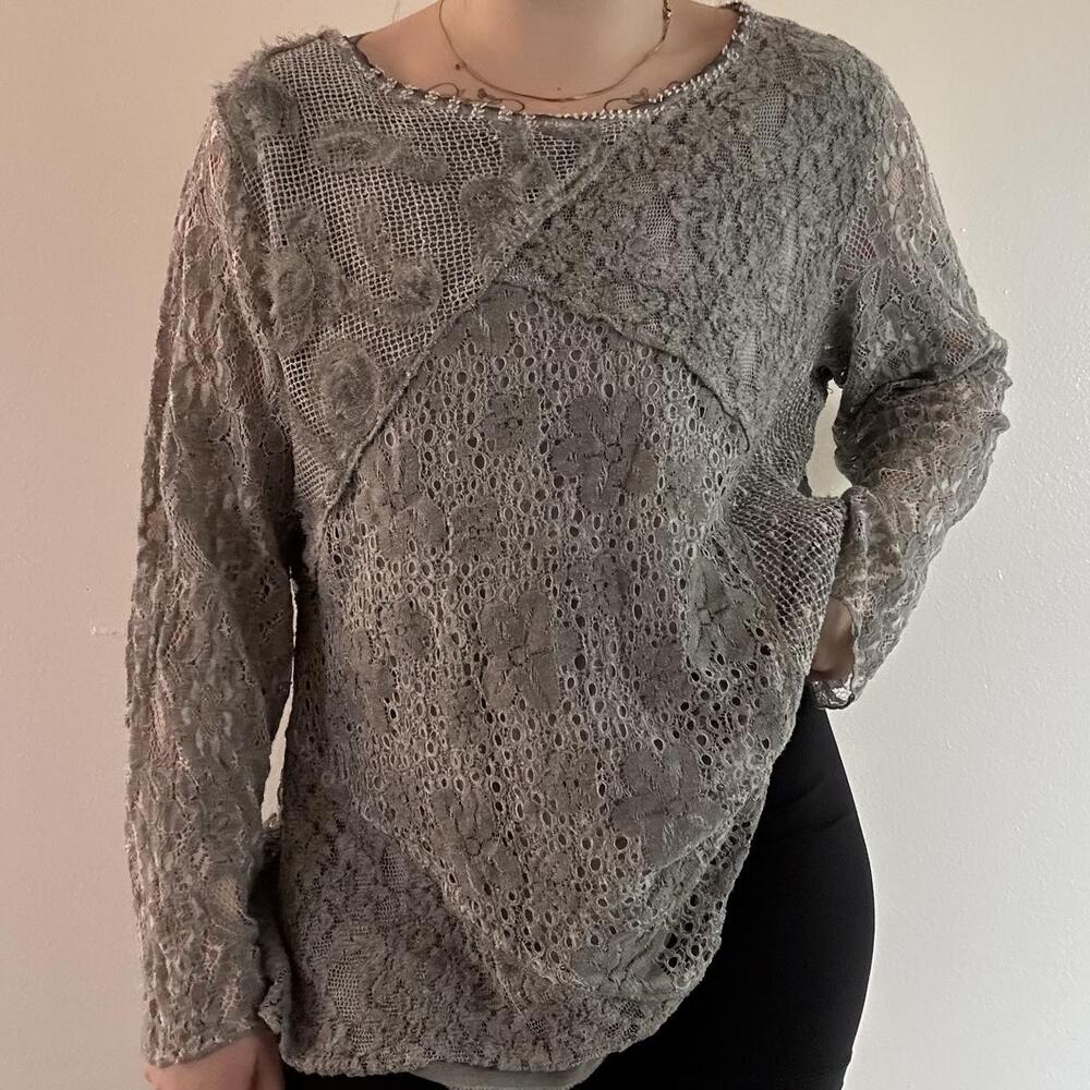 Y2K Gray Lace Long Sleeve Top – XXL | Whimsigoth Fairycore Grunge Gothic